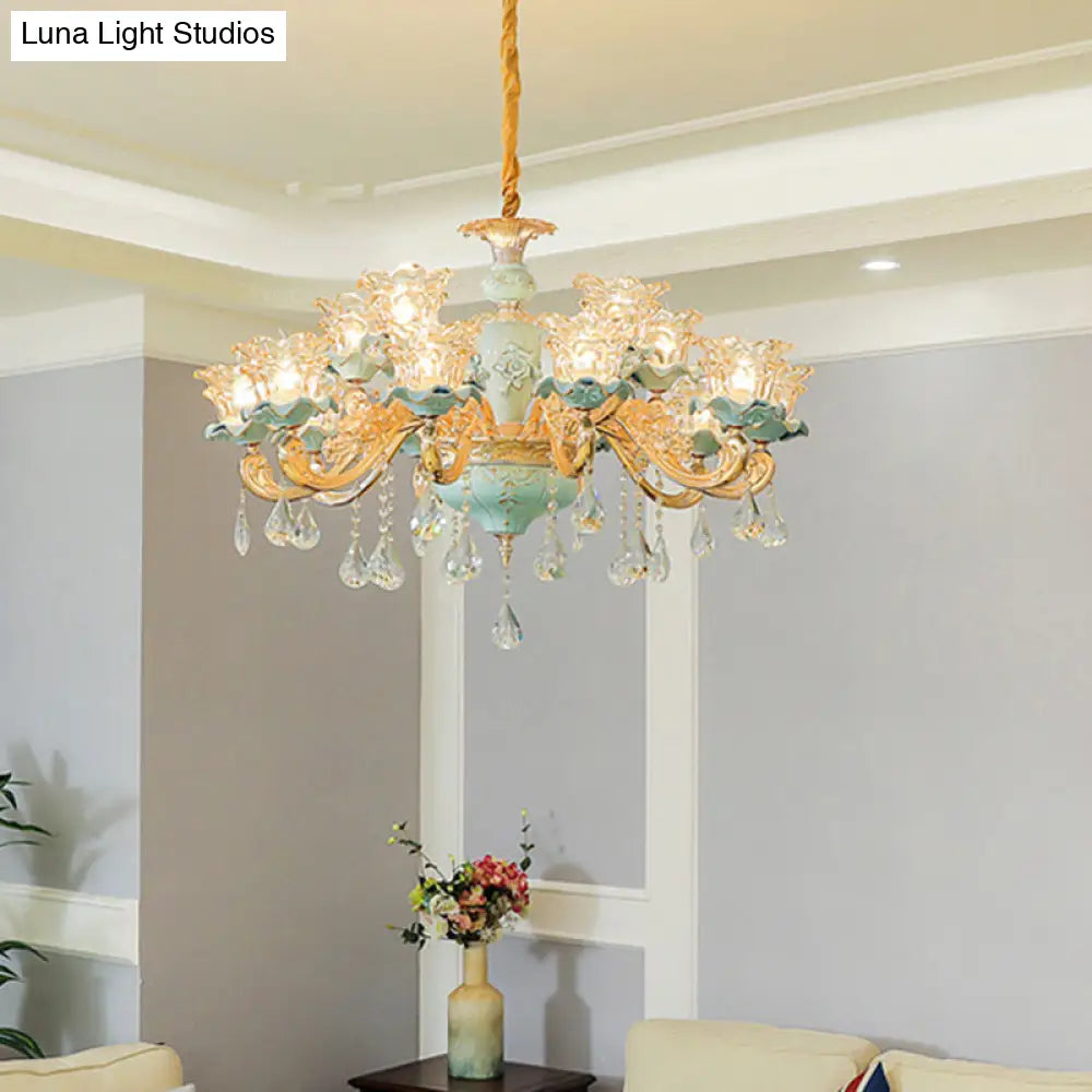 Vintage Ruffle Glass Flower Chandelier With Hanging Crystal - Blue Pendant Light For Living Room