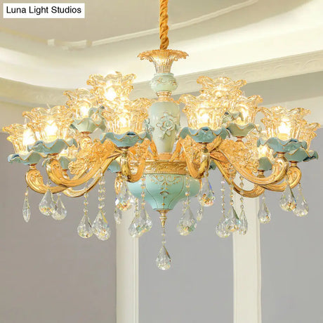 Vintage Ruffle Glass Flower Chandelier With Hanging Crystal - Blue Pendant Light For Living Room
