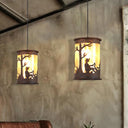 Vintage Rust Metal Cylinder Pendant Light With Fabric And Art Design - 1-Light Hanging Ceiling