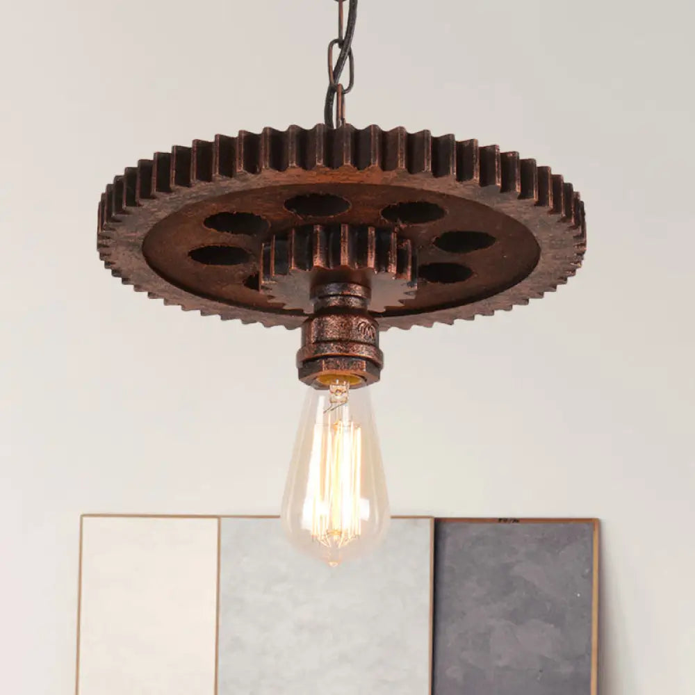 Vintage Rustic Bare Bulb Hanging Light With Iron Gear Decoration Rust
