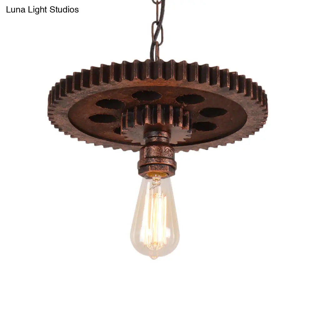 Vintage Rustic Bare Bulb Hanging Light With Iron Gear Decoration