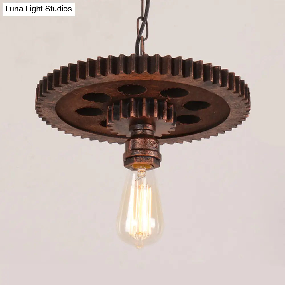 Vintage Rustic Bare Bulb Hanging Light With Iron Gear Decoration