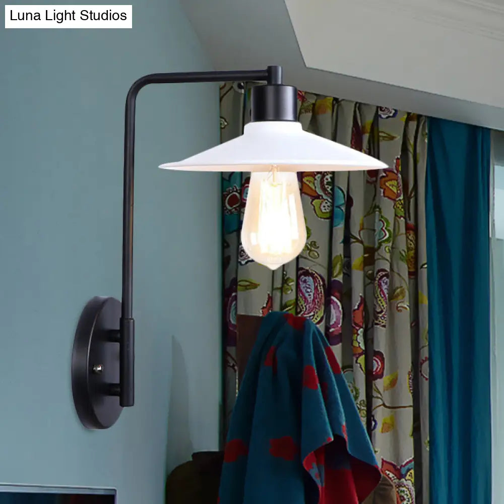 Vintage Rustic Iron Flared Wall Lamp With Angle Arm - Black/White 1 Bulb Ideal For Living Room