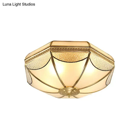 Vintage Scalloped Frosted Glass Flush Mount Light With Brass Finish - 3 Lights For Bedroom Ceiling