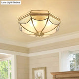 Vintage Scalloped Frosted Glass Flush Mount Light With Brass Finish - 3 Lights For Bedroom Ceiling