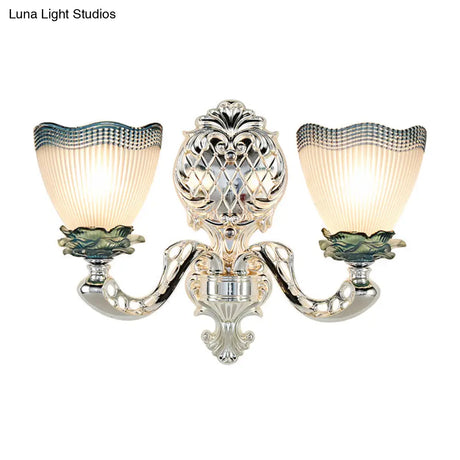 Vintage Scalloped Opal Ribbed Glass Wall Mounted Light With 2 Heads - Silver