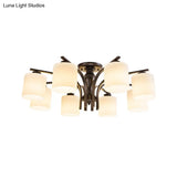 Vintage Semi-Mount Ceiling Light In Black With White Glass Cylinder - 3/5/8 Lights For Living Room