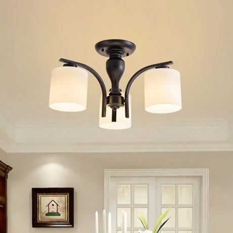 Vintage Semi-Mount Ceiling Light In Black With White Glass Cylinder - 3/5/8 Lights For Living Room 3