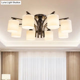 Vintage Semi-Mount Ceiling Light In Black With White Glass Cylinder - 3/5/8 Lights For Living Room
