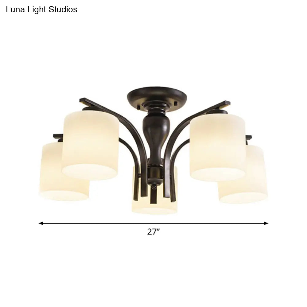 Vintage Semi-Mount Ceiling Light In Black With White Glass Cylinder - 3/5/8 Lights For Living Room
