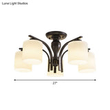 Vintage Semi-Mount Ceiling Light In Black With White Glass Cylinder - 3/5/8 Lights For Living Room