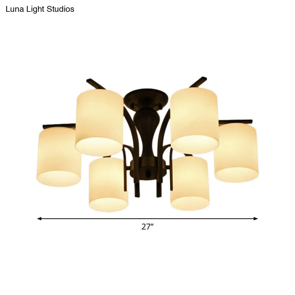Vintage Semi-Mount Ceiling Light In Black With White Glass Cylinder - 3/5/8 Lights For Living Room