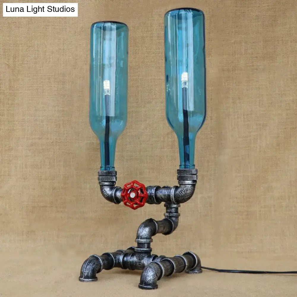 Vintage Silver Industrial Iron Glass Wine Bottle Table Lamp With Pipe-Like Base - 2 Bulbs