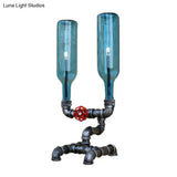 Vintage Silver Industrial Iron Glass Wine Bottle Table Lamp With Pipe-Like Base - 2 Bulbs