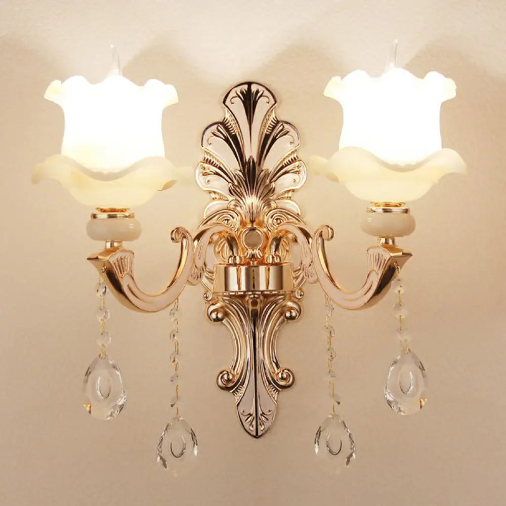 Vintage Silver Wall Sconce With Frosted Glass Blossom Shade And Crystal Deco 2 / Lace