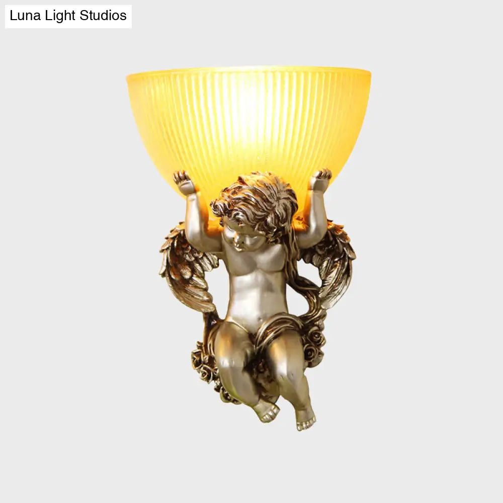 Vintage Silver/White/Beige Resin Angel Wall Lamp With Amber Fluted Glass Shade