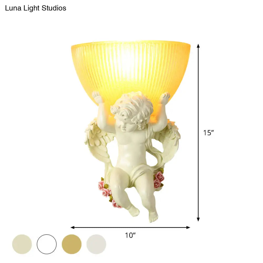 Vintage Silver/White/Beige Resin Angel Wall Lamp With Amber Fluted Glass Shade