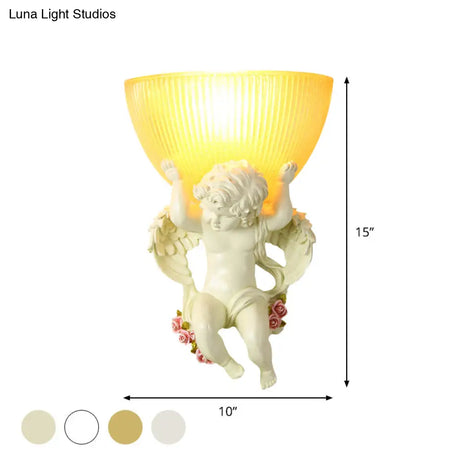Vintage Silver/White/Beige Resin Angel Wall Lamp With Amber Fluted Glass Shade