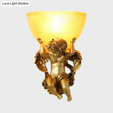 Vintage Silver/White/Beige Resin Angel Wall Lamp With Amber Fluted Glass Shade