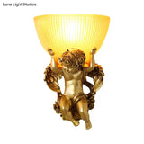 Vintage Silver/White/Beige Resin Angel Wall Lamp With Amber Fluted Glass Shade