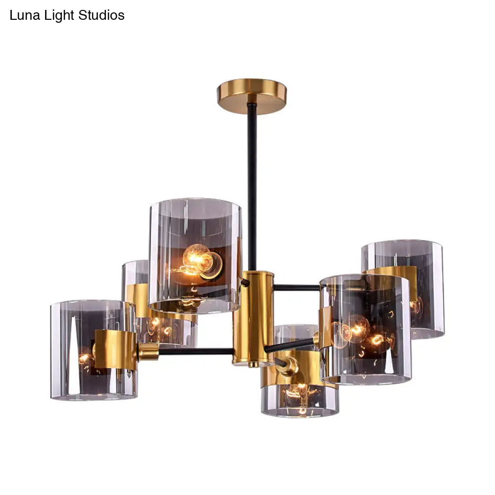 Vintage Smoke Grey Glass Ceiling Lamp With 6 Lights Semi-Flush Mount For Dining Table - 2-Tiered In