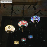 Vintage Stained Glass Bedroom Pendant - Red/Yellow/Green Oval Cluster Lamp With 3 Heads