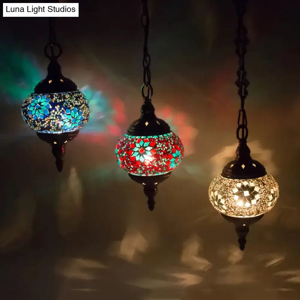 Vintage Stained Glass Bedroom Pendant - Red/Yellow/Green Oval Cluster Lamp With 3 Heads