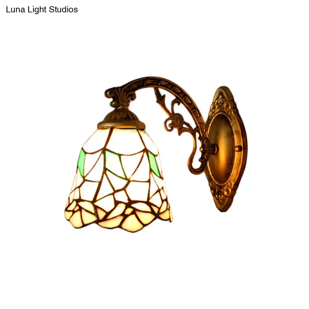 Vintage Stained Glass Bell Wall Sconce: Bedroom Lighting With Flower Pattern Beige