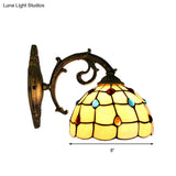 Vintage Stained Glass Bowl Wall Light - 1-Light Sconce Lamp Fixture In Beige With Jewel Pattern