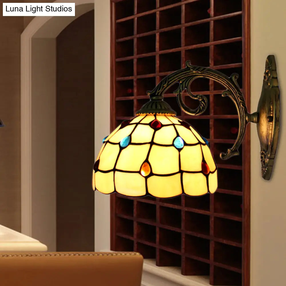 Vintage Stained Glass Bowl Wall Light - 1-Light Sconce Lamp Fixture In Beige With Jewel Pattern
