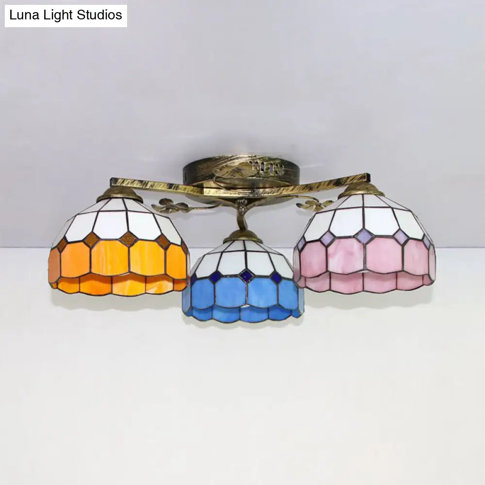 Vintage Stained Glass Ceiling Light - Conic Flushmount With Art Pattern 3 Lights