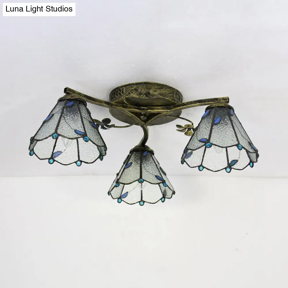 Vintage Stained Glass Ceiling Light - Conic Flushmount With Art Pattern 3 Lights