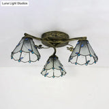 Vintage Stained Glass Ceiling Light - Conic Flushmount With Art Pattern 3 Lights