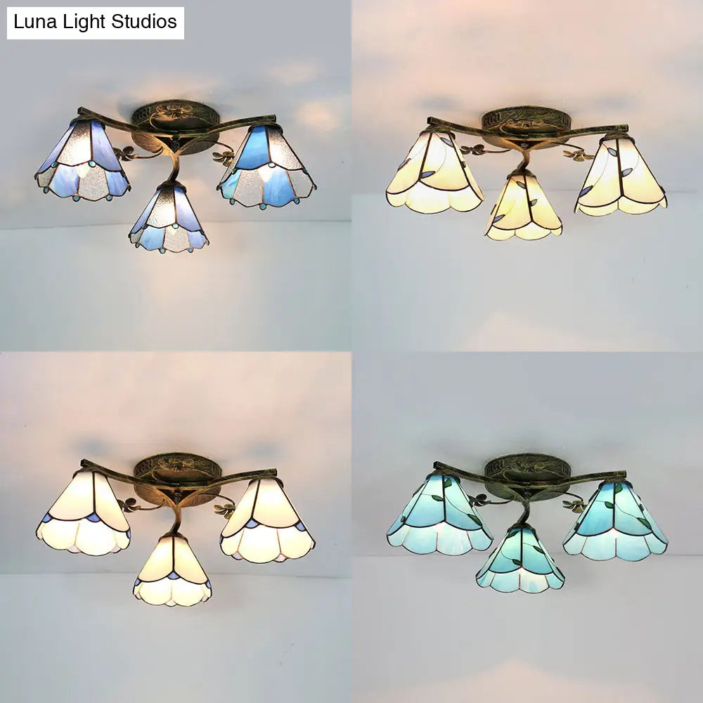 Vintage Stained Glass Ceiling Light - Conic Flushmount With Art Pattern 3 Lights