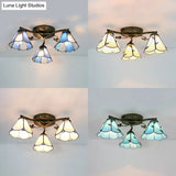 Vintage Stained Glass Ceiling Light - Conic Flushmount With Art Pattern 3 Lights