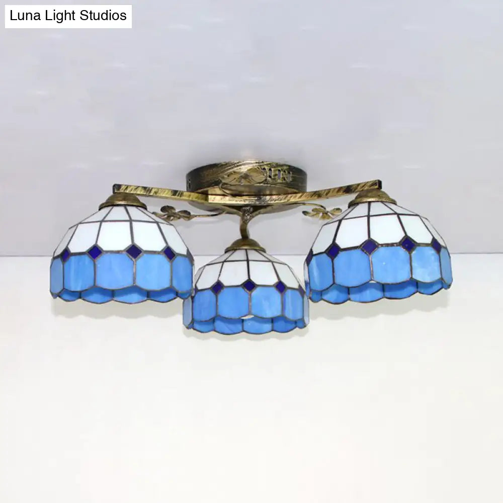 Vintage Stained Glass Ceiling Light - Conic Flushmount With Art Pattern 3 Lights