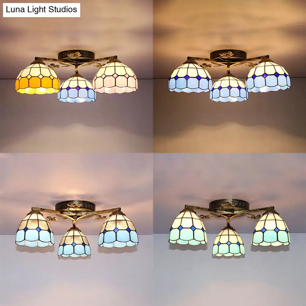 Vintage Stained Glass Ceiling Light - Conic Flushmount With Art Pattern 3 Lights