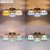Vintage Stained Glass Ceiling Light - Conic Flushmount With Art Pattern 3 Lights