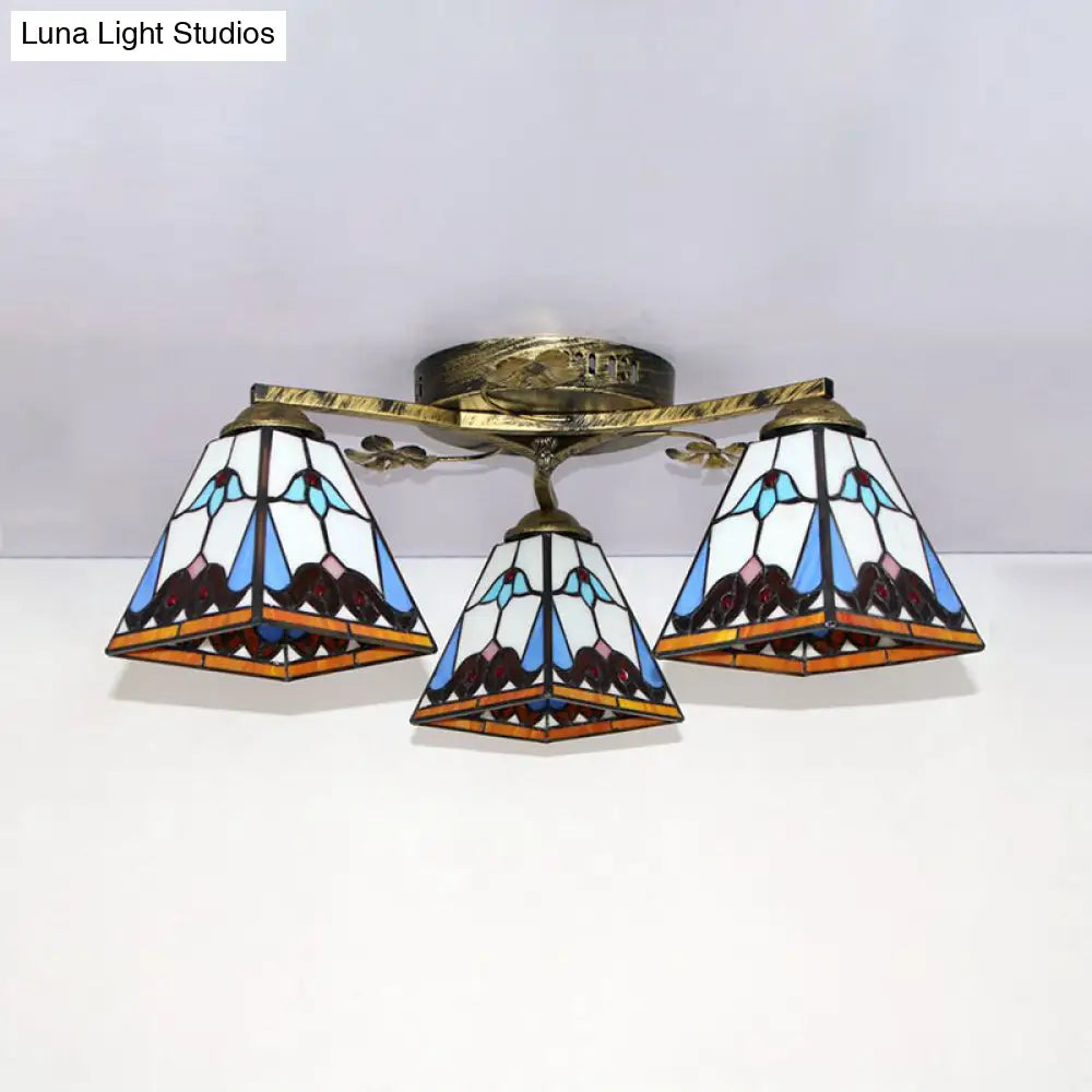 Vintage Stained Glass Ceiling Light - Conic Flushmount With Art Pattern 3 Lights
