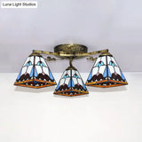 Vintage Stained Glass Ceiling Light - Conic Flushmount With Art Pattern 3 Lights