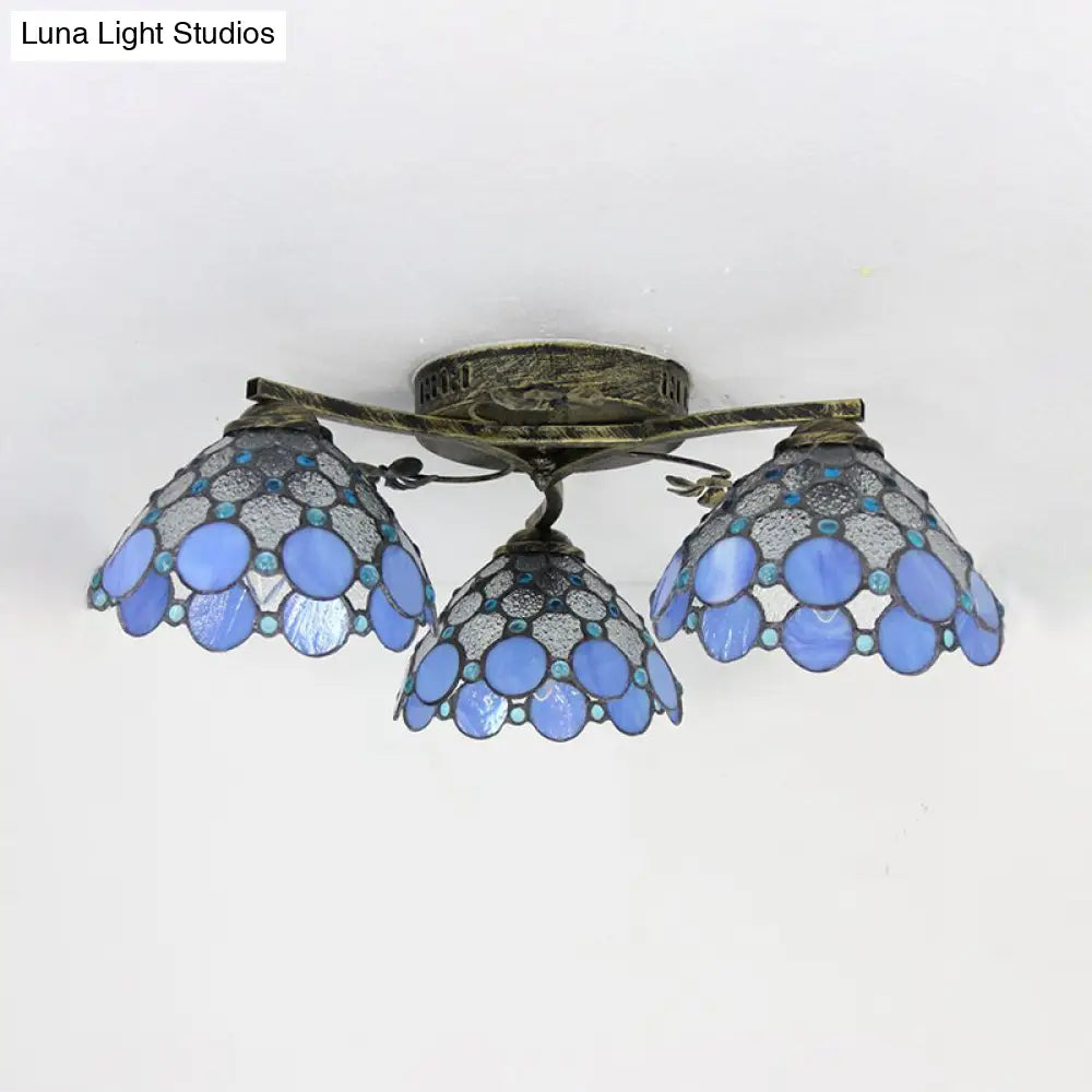 Vintage Stained Glass Ceiling Light - Conic Flushmount With Art Pattern 3 Lights