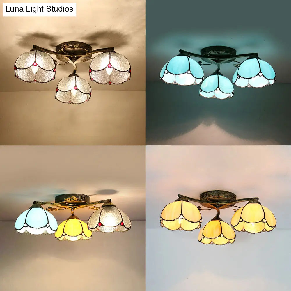Vintage Stained Glass Ceiling Light - Conic Flushmount With Art Pattern 3 Lights
