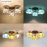 Vintage Stained Glass Ceiling Light - Conic Flushmount With Art Pattern 3 Lights