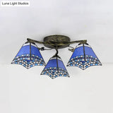 Vintage Stained Glass Ceiling Light - Conic Flushmount With Art Pattern 3 Lights