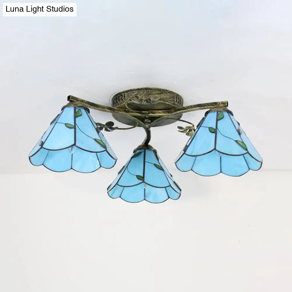Vintage Stained Glass Ceiling Light - Conic Flushmount With Art Pattern 3 Lights