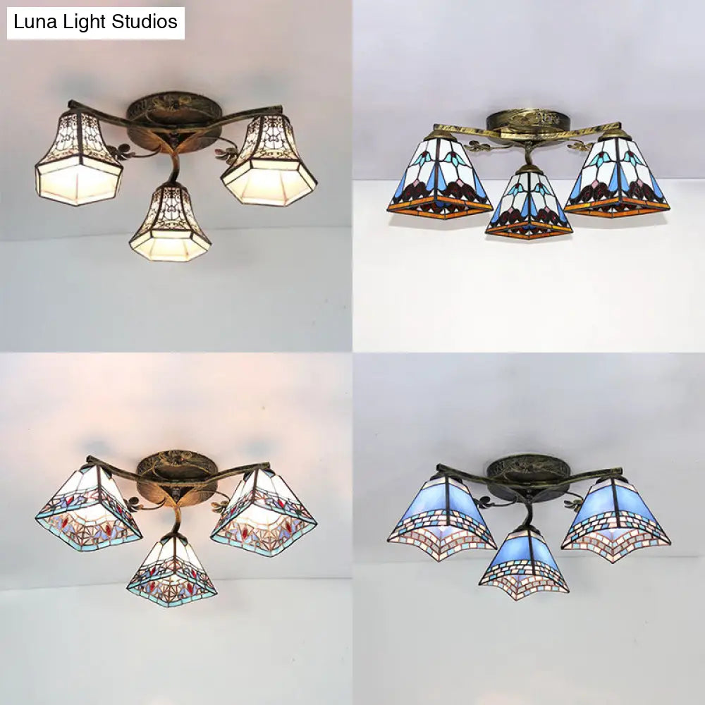 Vintage Stained Glass Ceiling Light - Conic Flushmount With Art Pattern 3 Lights
