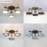 Vintage Stained Glass Ceiling Light - Conic Flushmount With Art Pattern 3 Lights
