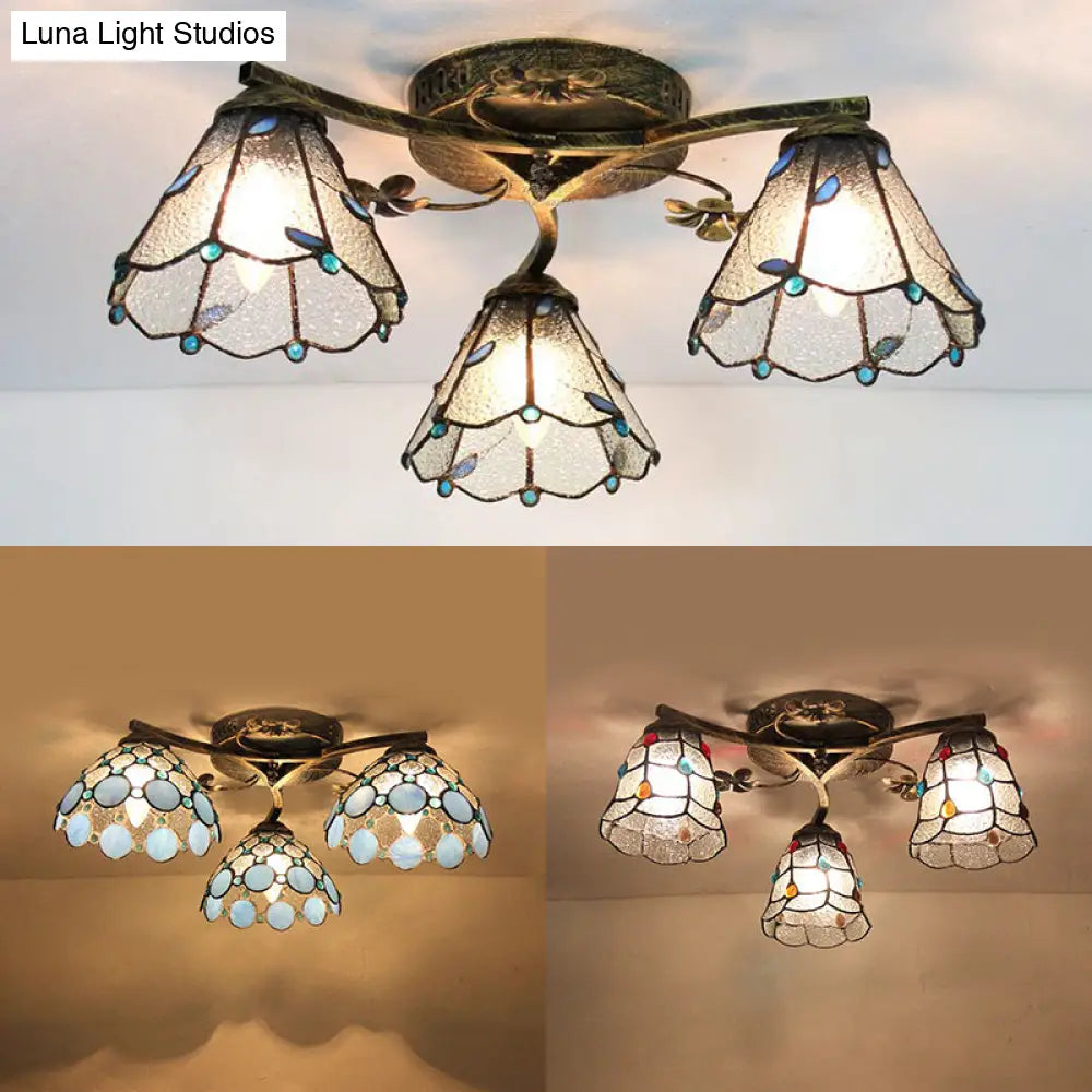 Vintage Stained Glass Ceiling Light - Conic Flushmount With Art Pattern 3 Lights