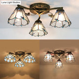 Vintage Stained Glass Ceiling Light - Conic Flushmount With Art Pattern 3 Lights