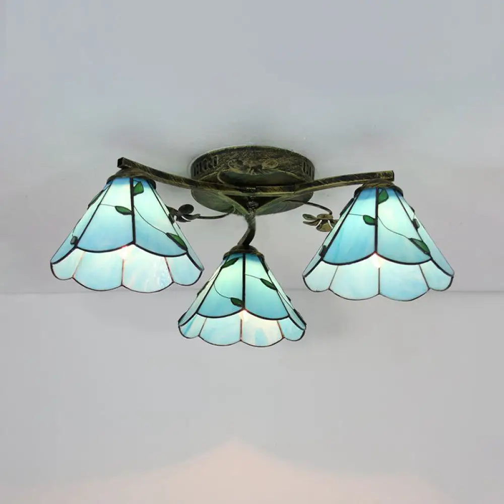 Vintage Stained Glass Ceiling Light - Conic Flushmount With Art Pattern 3 Lights Antique Bronze /